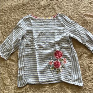 J. Jill Blue/Cream Striped Linen Top with Floral appliqué, 3/4 sleeves, medium